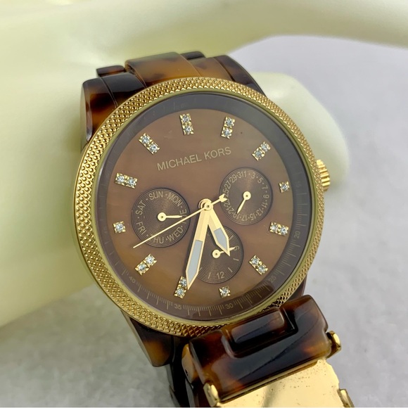 MICHAEL KORS JET SET CHRONOGRAPH GOLD PLATED CASE SWAROVSKI CRYSTALS STAINLESS - Picture 3 of 11